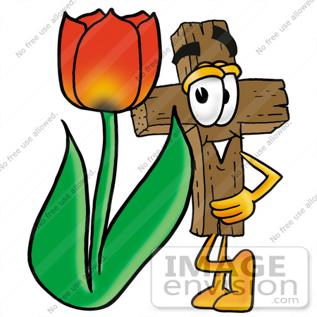 23570 Clip Art Graphic Of A Wooden Cross Cartoon Character With A Red