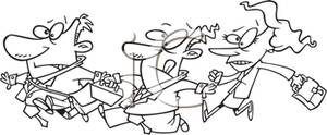 Black And White Cartoon Of People Running Late To Work   Royalty