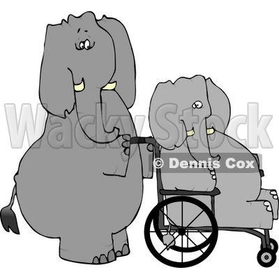Caretaker Elephant Pushing Injured Elephant In A Wheelchair Clipart