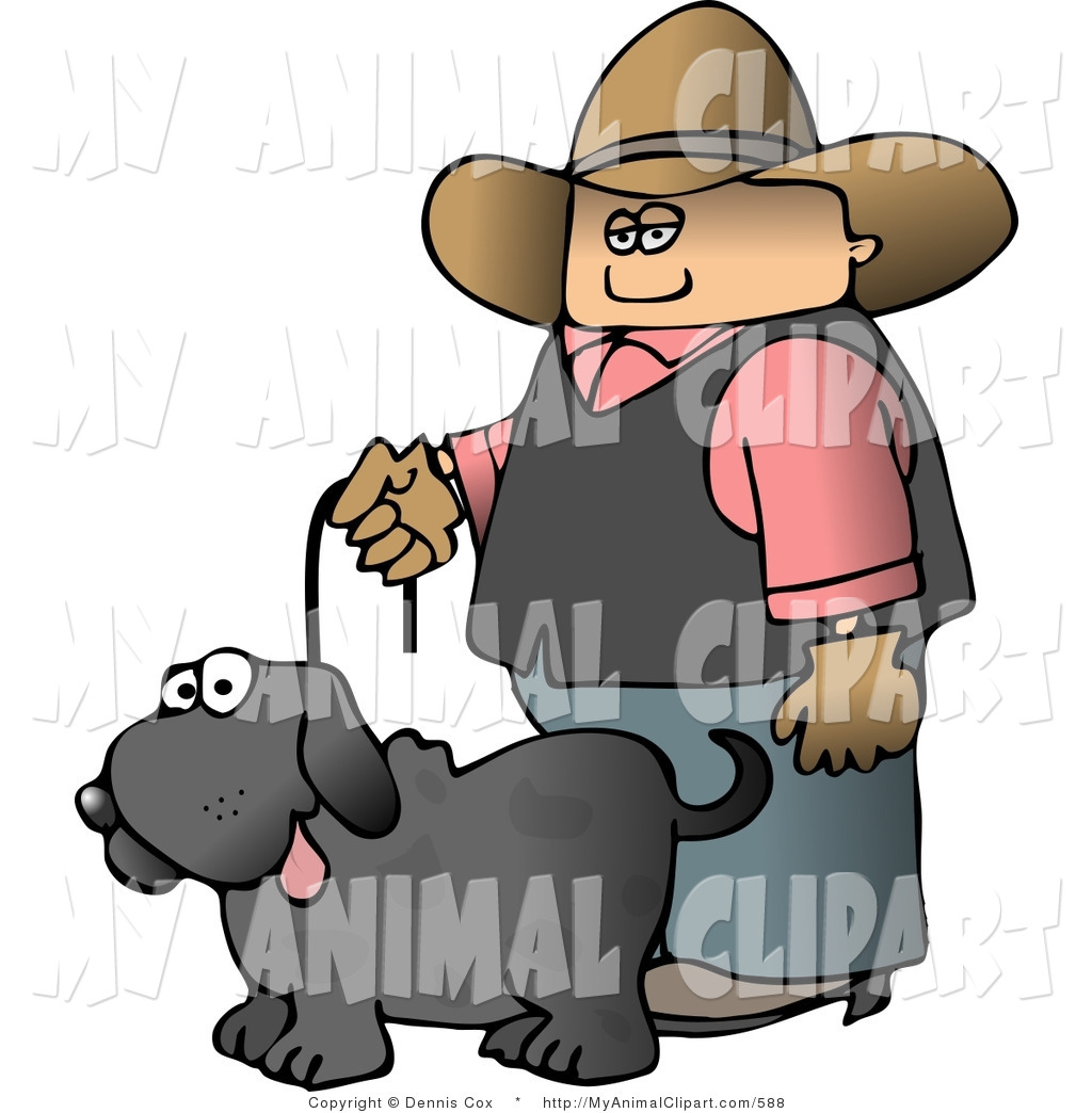 Larger Preview  Clip Art Of A Bored Cowboy Walking Pet Dog On A Leash