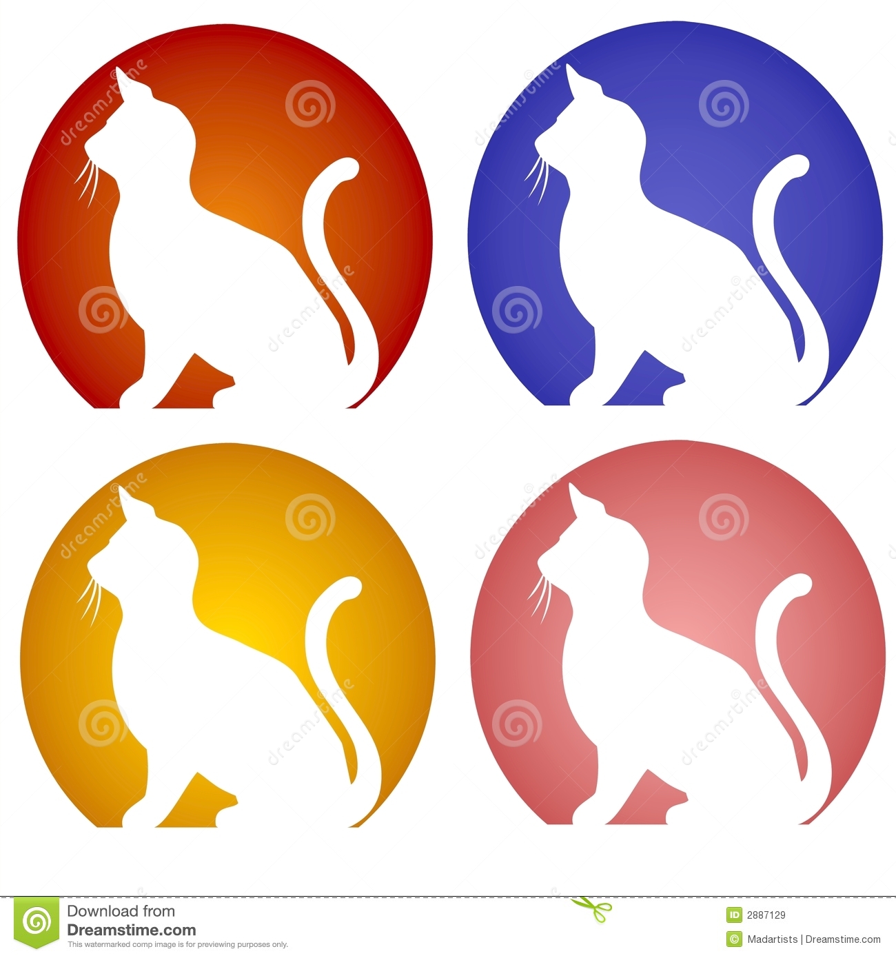 Of 4 Cat Silhouette Icons In Red Blue Yellow And Pink With White
