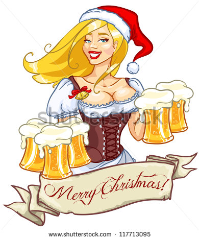 Santa Girl With Beer Christmas Or New Year Party Invitation Logo