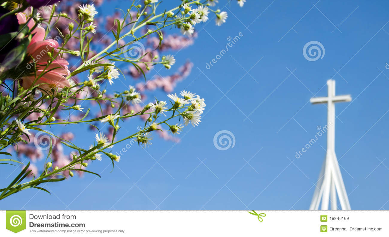 Spring   With Flower Blossom And Christian Cross  Over Clear Blue Sky