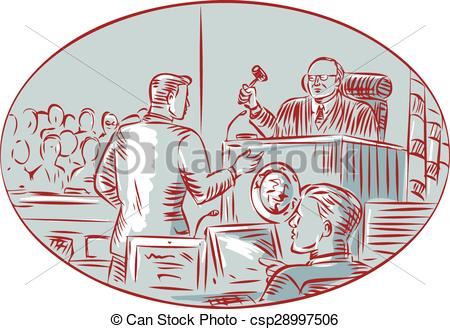 Vector   Judge Defendant Courtroom Etching   Stock Illustration