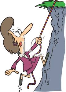 Cartoon Businesswoman Climbing A Hill With A Rope Royalty Free Clipart
