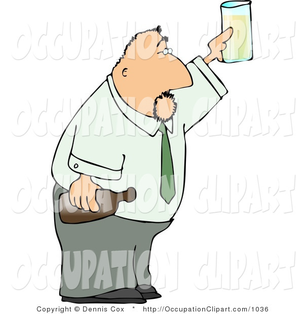 Clip Art Of A Businessman After Work Holding A Glass And Bottle Of