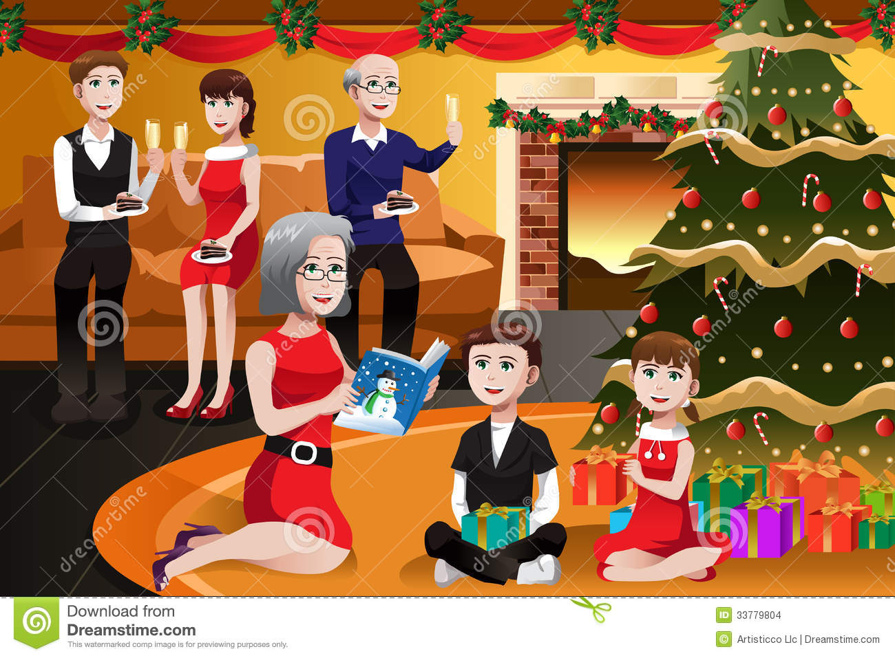 Vector Illustration Of Happy Family Having A Christmas Party Together