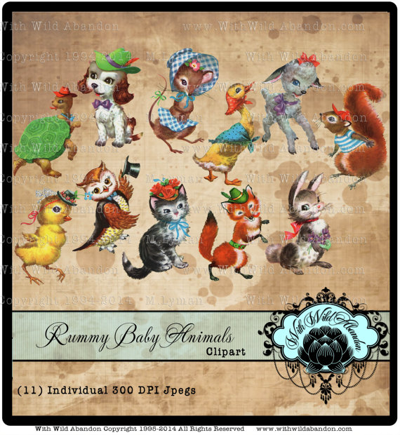Baby Animal Clipart Sweet Vintage Images Cat Owl Bunny Dog Duck