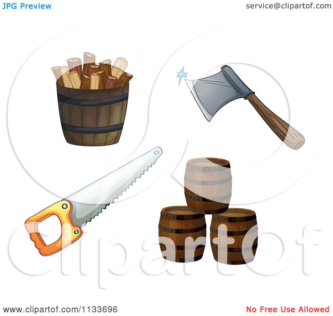 Cartoon Of Firewood An Axe Saw And Barrels   Royalty Free Vector