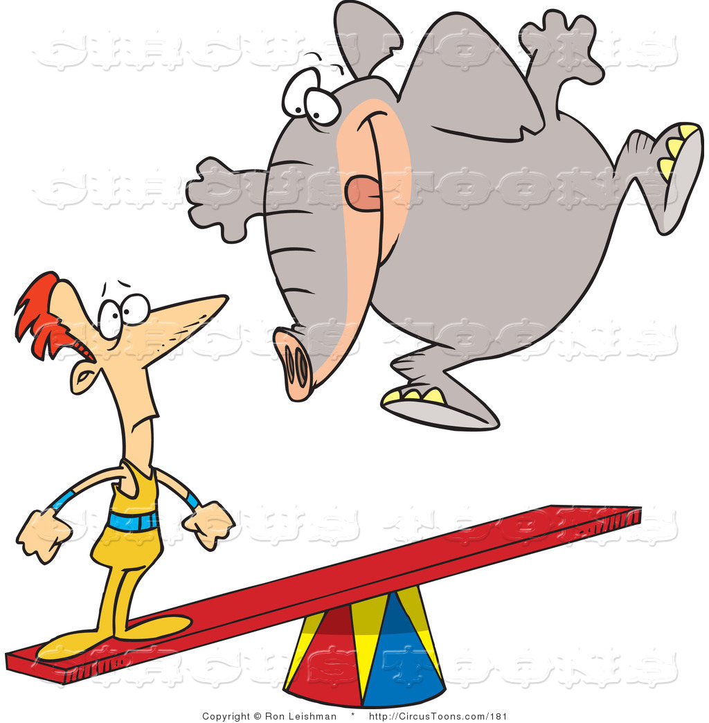 Circus Clipart Of A Cartoon Elephant Jumping On A See Saw To Make A