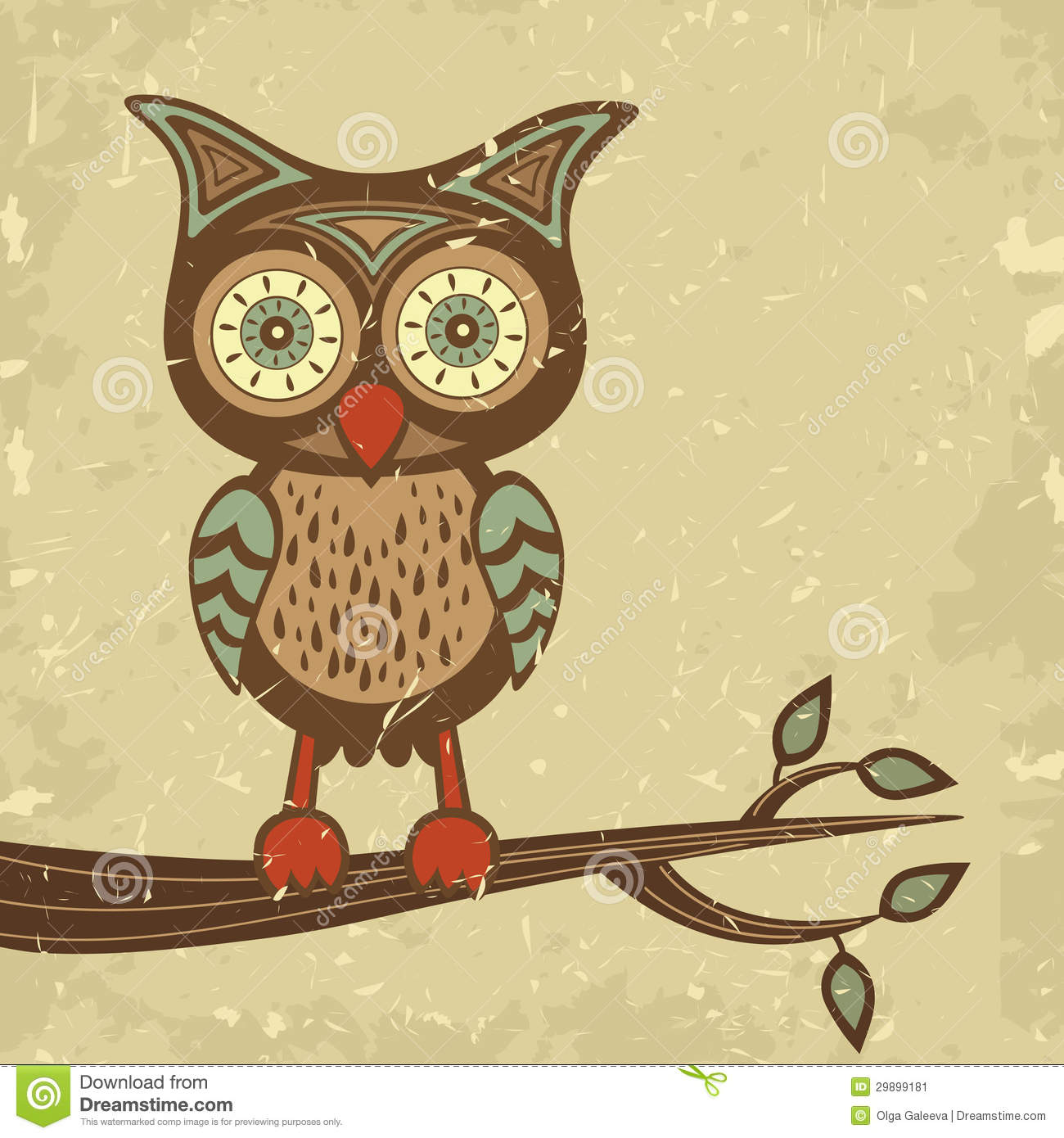 Cute Retro Style Owl Sitting On Branch Stock Image   Image  29899181