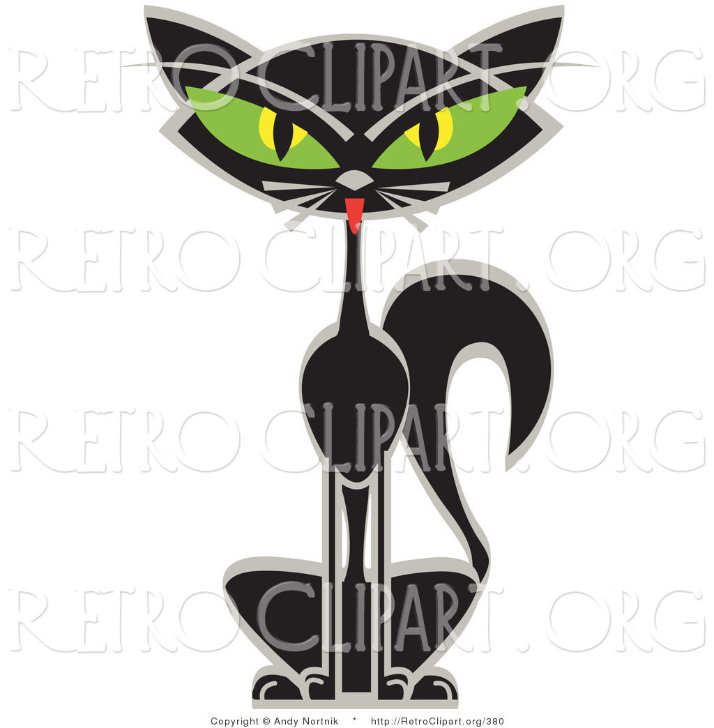 Retro Clipart Of A Sitting Black Siamese Cat With Big Green Eyes By