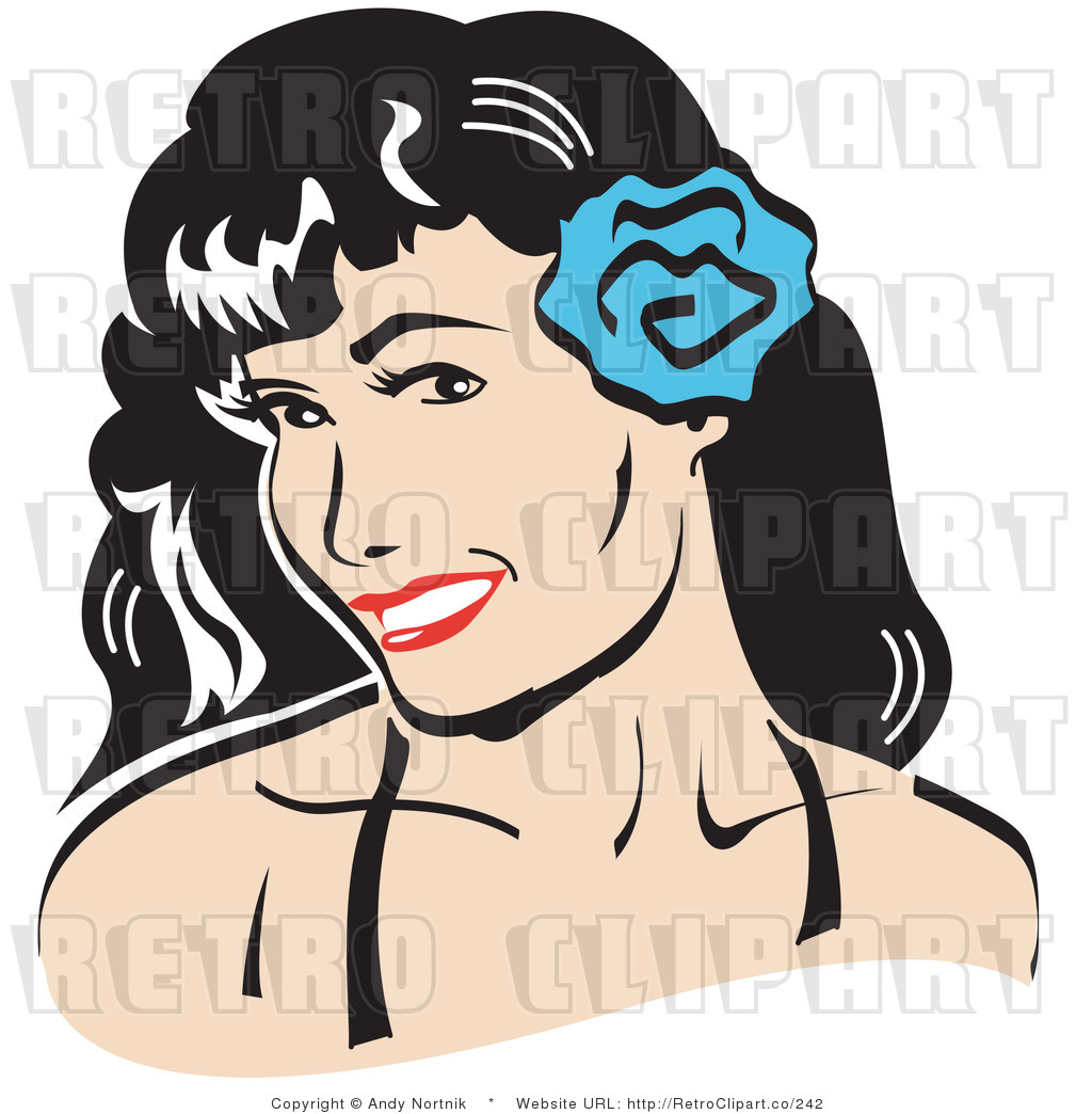 Retro Vector Clip Art Of A Pretty Lady Wearing A Flower Behind Her Ear
