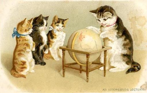 Vintage Cat Clipart Cat Teaching Kittens With Globe