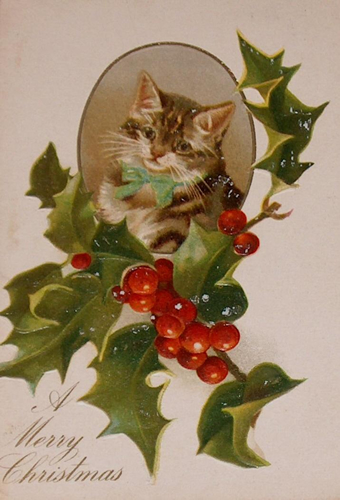 Vintage Christmas Greeting Card Clip Art Kitten And Holly