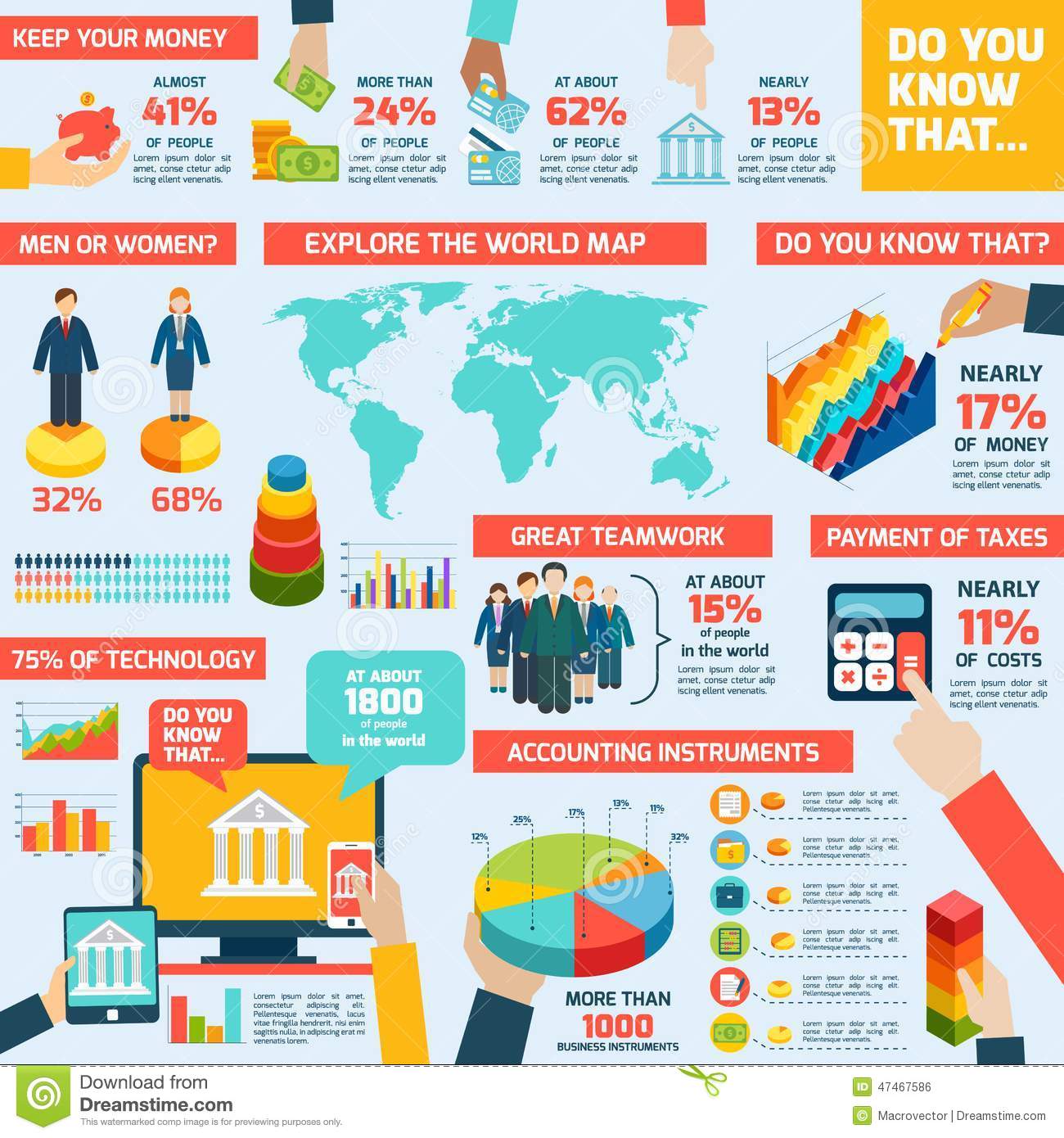 Accounting Infographics Set With Finance Money Charts And World Map    