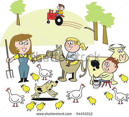 Cartoon Of Smiling Family On Farm With Animals And Tractor    Stock    