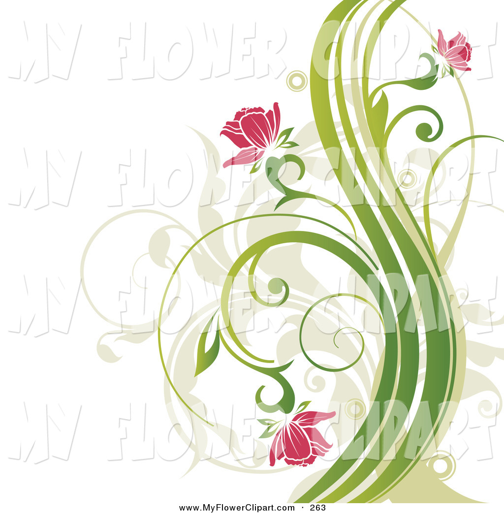 Clip Art Of Pretty Pink Flowers Blooming On Curly Green Plants Over A