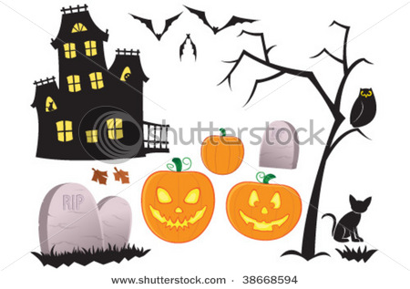 Halloween Pumpkins Owl Black Cat Haunted House Vampire Bats And    