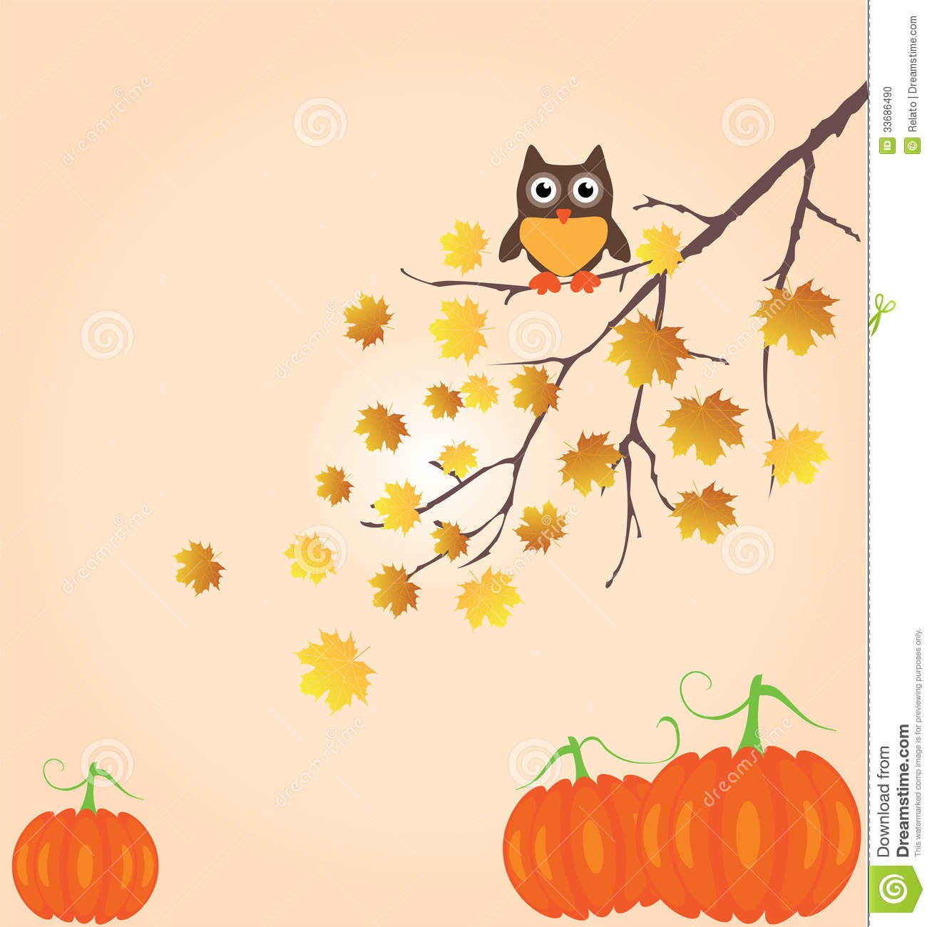 Illustration Of A Tree In Fall With Leaves Owl And Pumpkins