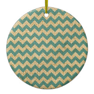 Teal Blue And Tan Canvas Chevron Pattern Double Sided Ceramic Round    