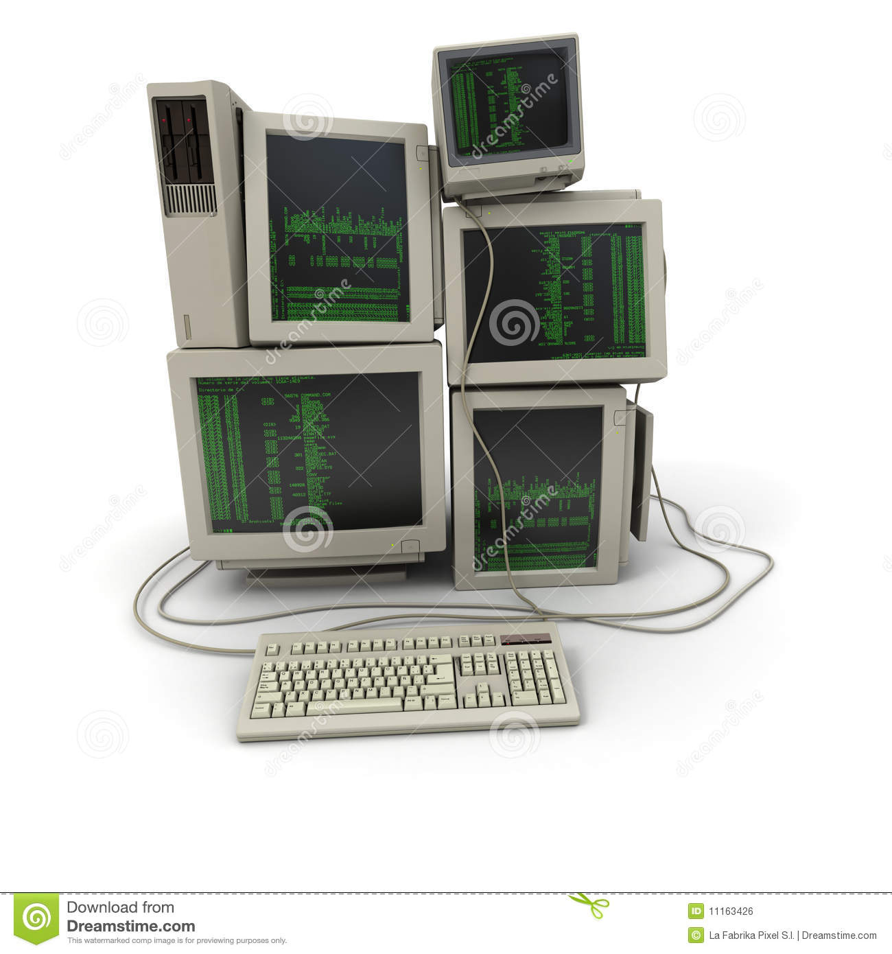 3d Rendering Of A Pile Of Computers With A Binary Code On The Screens