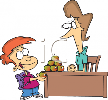 Cartoon Clipart Picture Of A Teacher With A Pile Of Apples On Her Desk