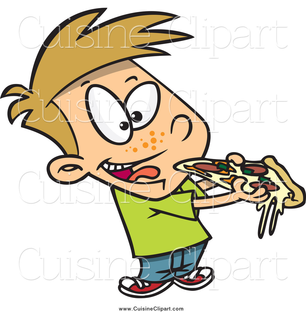 Cuisine Clipart Of A Cartoon Boy Eating Cheesy Pizza By Ron Leishman    