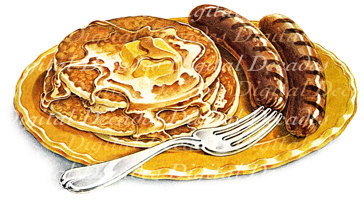 Pancakes And Sausage Breakfast   Digital Vintage Art Illustration
