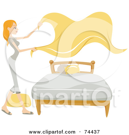 Rf  Clipart Illustration Of A Pretty Housewife Laying Sheets On A Bed