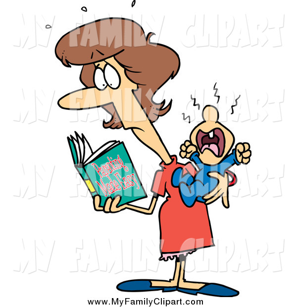 Art Of A Cartoon Brunette Caucasian New Mom Reading A Parenting Book