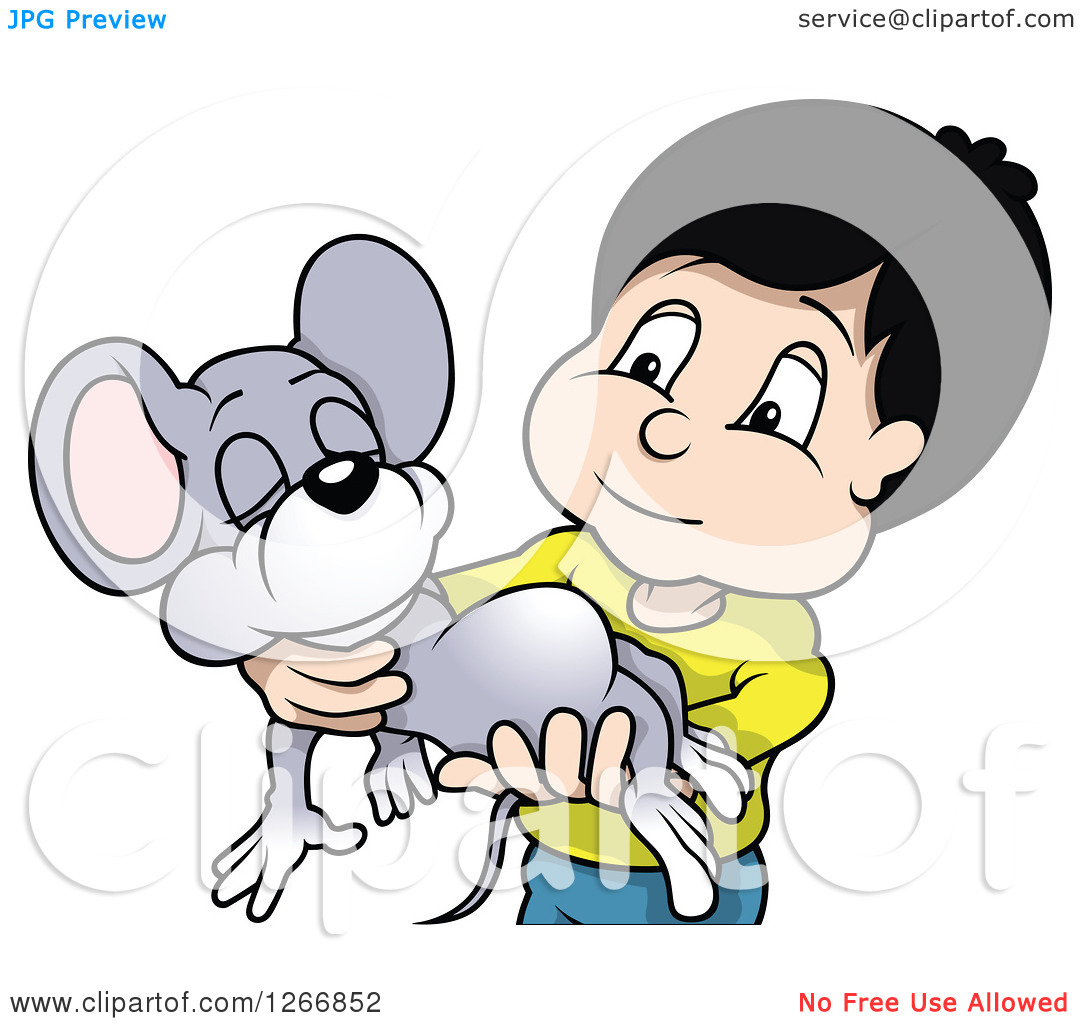Clipart Of A Boy Carrying His Tired Pet Mouse   Royalty Free Vector