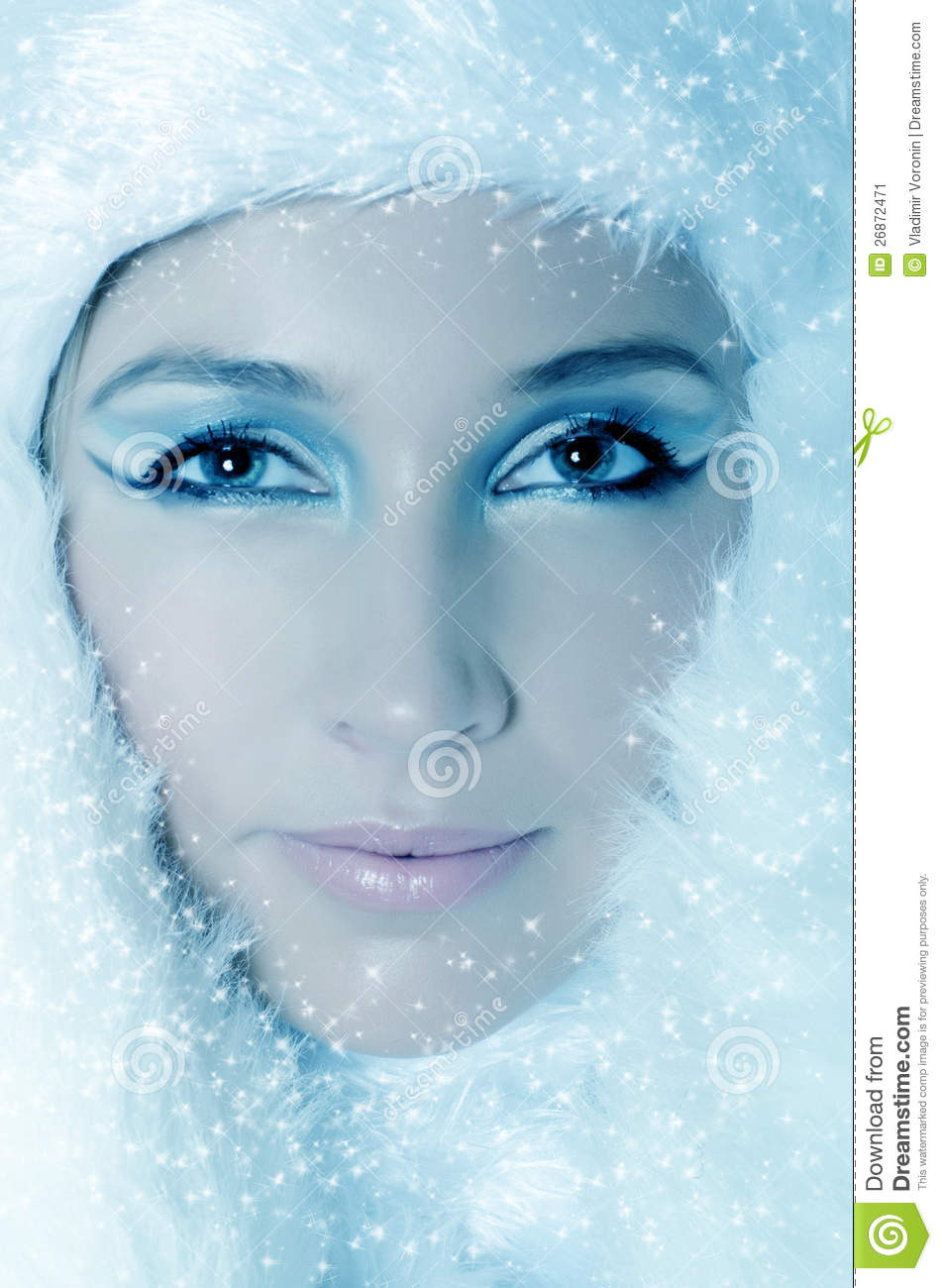 With Beautiful Make Up Silver Gloves And Snow Flake Blue Background