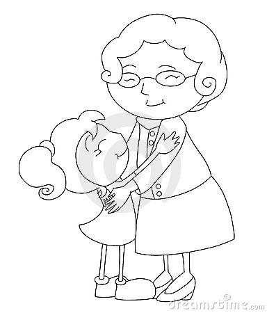 Black And White Drawing About A Tender Hug Between The Old Grandmother