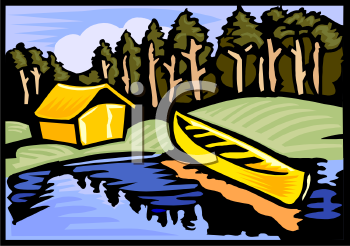 Cabin And Canoe By A Lake In The Woods   Royalty Free Clip Art