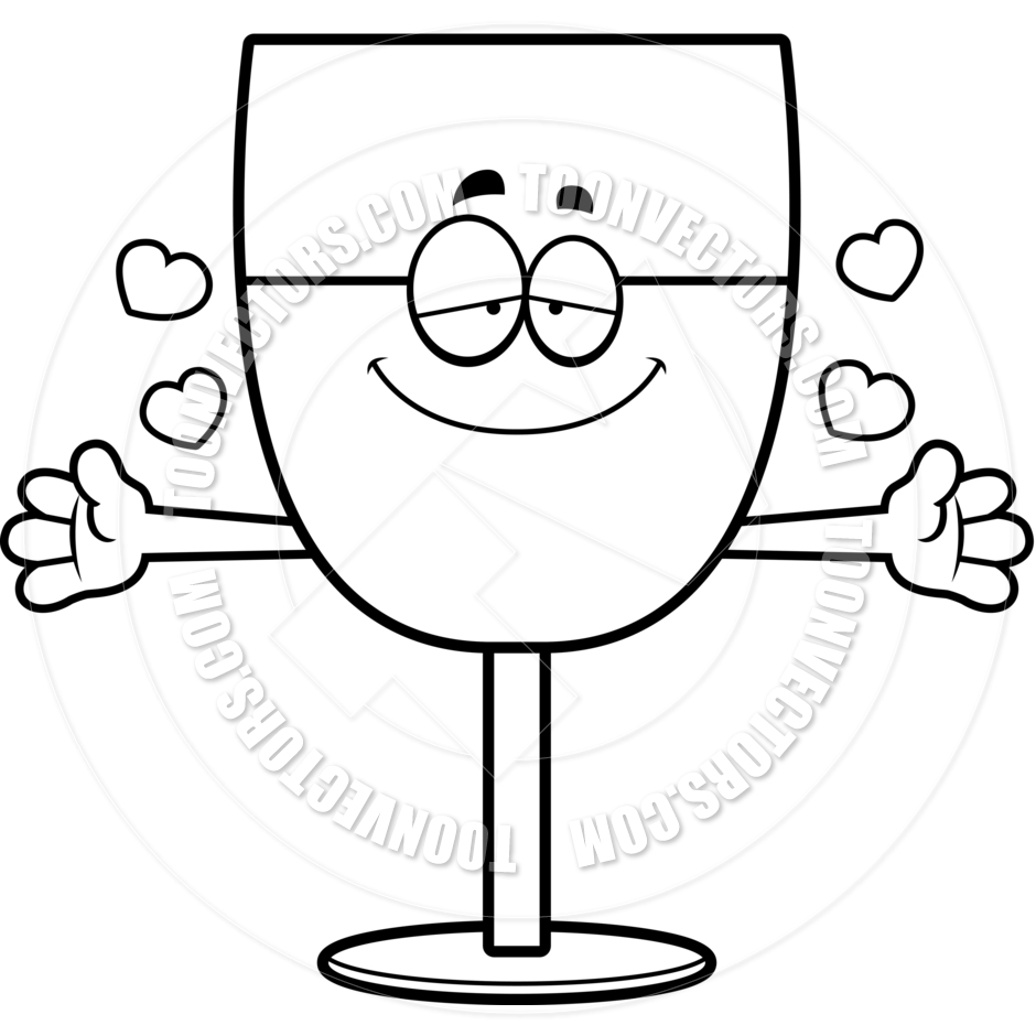 Cartoon Glass Of Wine Hug  Black And White Line Art  By Cory Thoman