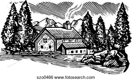 Illustration   Cabin In The Woods B W  Fotosearch   Search Clip Art