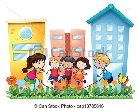 Vector Clip Art Of Kids Playing Outside The Building   Illustration Of