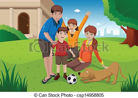 Vector Clipart Of Happy Family With Pets   A Vector Illustration Of