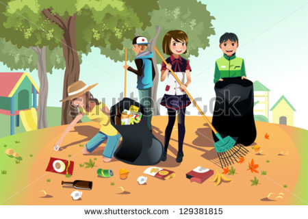 Vector Illustration Of Kids Volunteering By Cleaning Up The Park