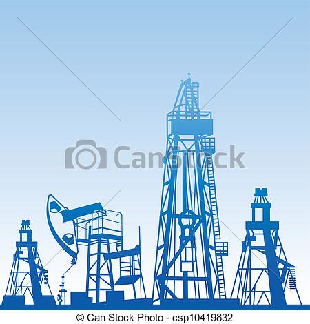 Vectors Of Oil Rig Silhouettes And Blue Sky Vector Illustration