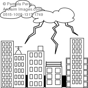 Clip Art Image Of A City Being Hit By A Lightening Storm