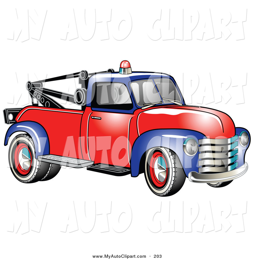 Clip Art Of An Old Blue And Red 1953 Chevy Tow Truck With A Light On    