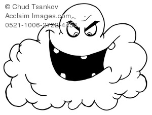 Clipart Illustration Of A Laughing Storm Cloud In Black And White