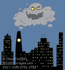Clipart Image Of A Laughing Storm Cloud Over A City Skyline   Acclaim    