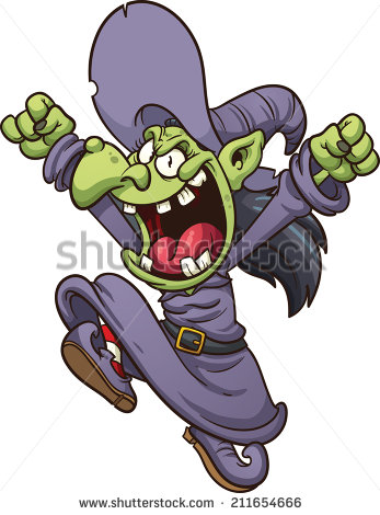 Evil Cartoon Witch Jumping  Vector Clip Art Illustration With Simple