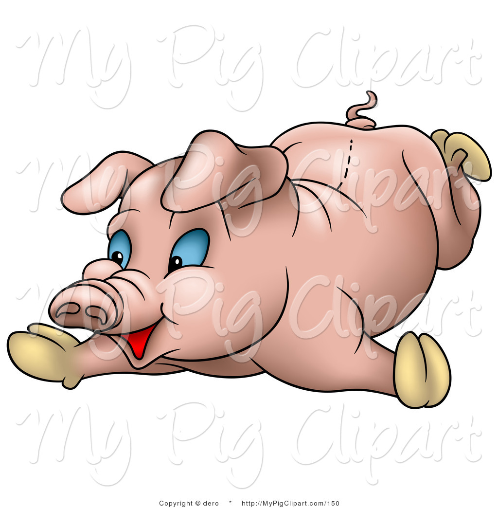 Swine Clipart Of A Clumsy Blue Eyed Piglet Falling Flat On Its Belly    