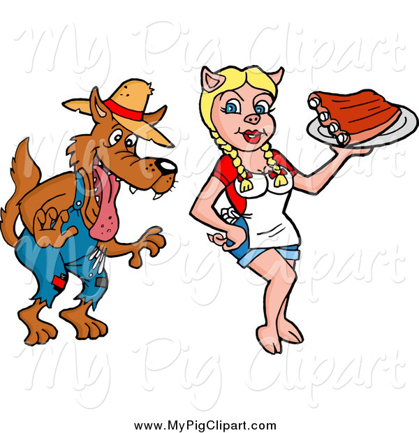 Swine Clipart Of A Drooling Hillbilly Wolf And Attractive Pig Waitress