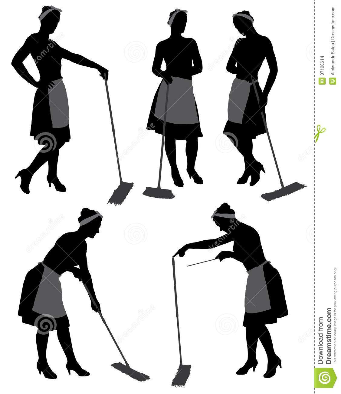 Adult Cleaner Maid Woman Silhouette With Mop And Uniform Cleaning