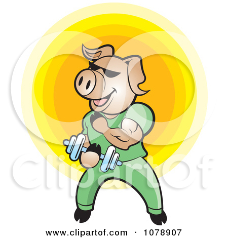 Bodybuilder Pig Lifting Weights   Royalty Free Vector Illustration